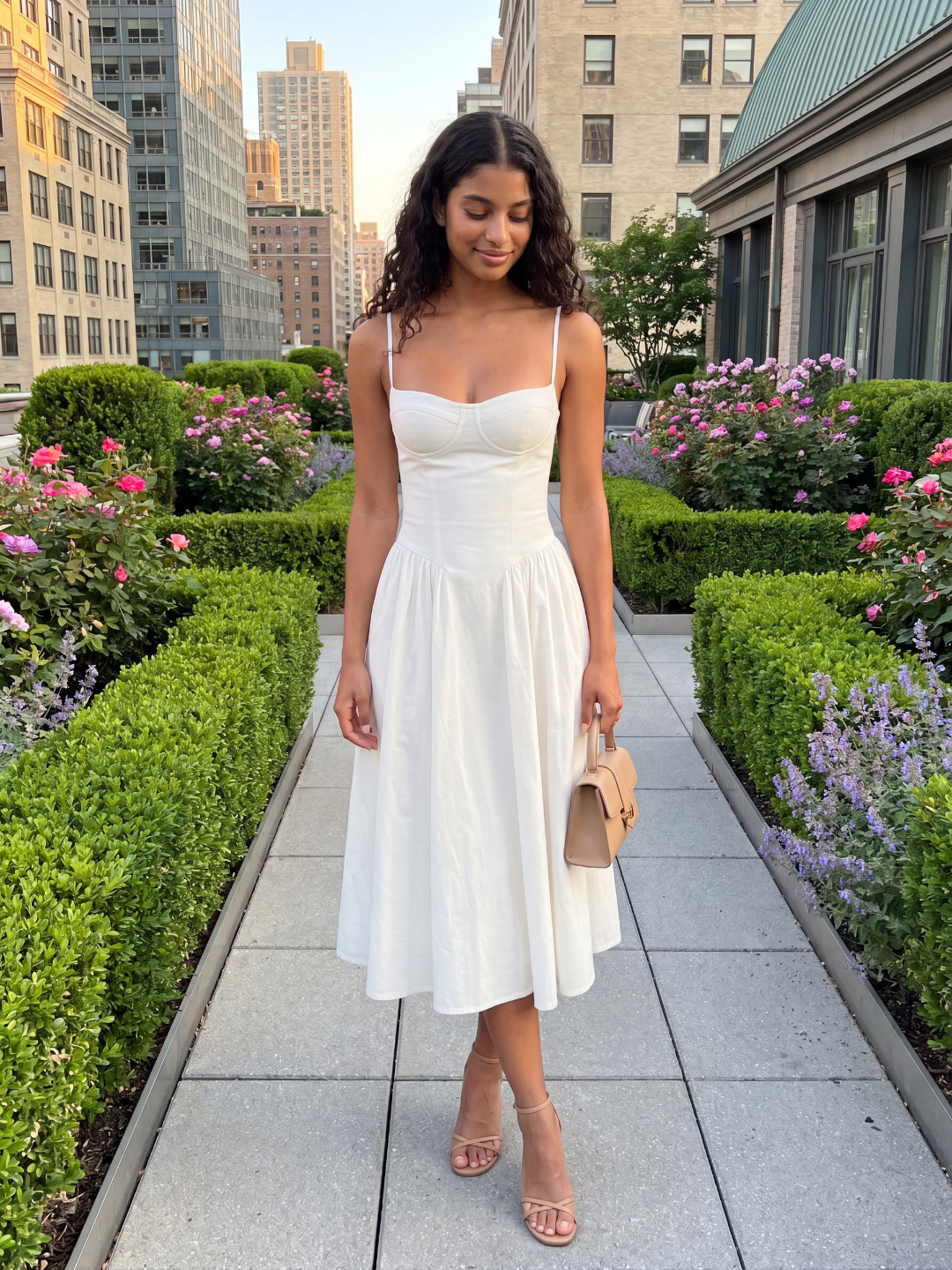Etta sweetheart bustier twill midi dress in white — back view