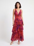 Halle tiered ruffle floral midi dress in burgundy — front view