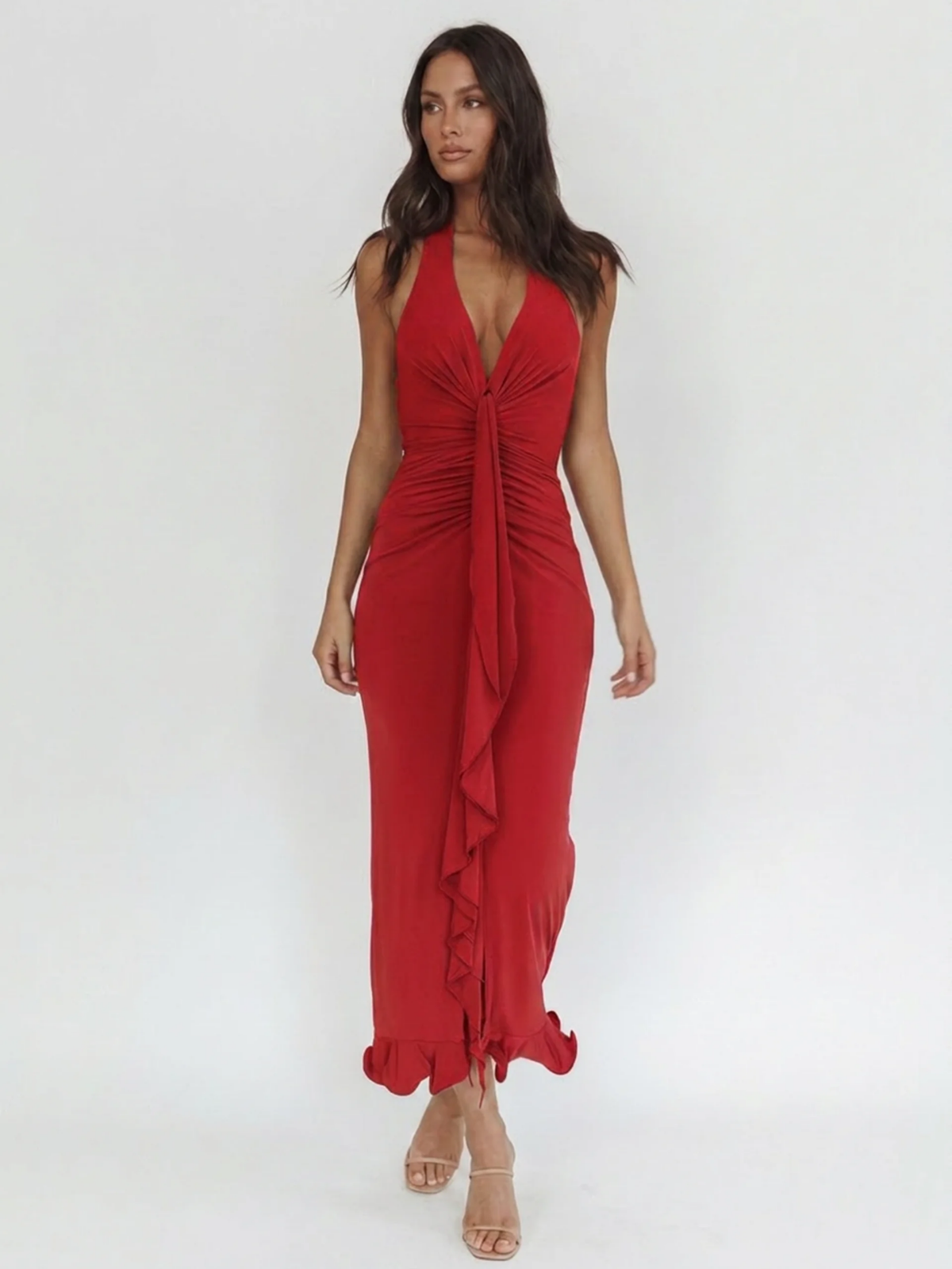 Farrah plunge twist-front ruched cascade maxi dress in burgundy — side view