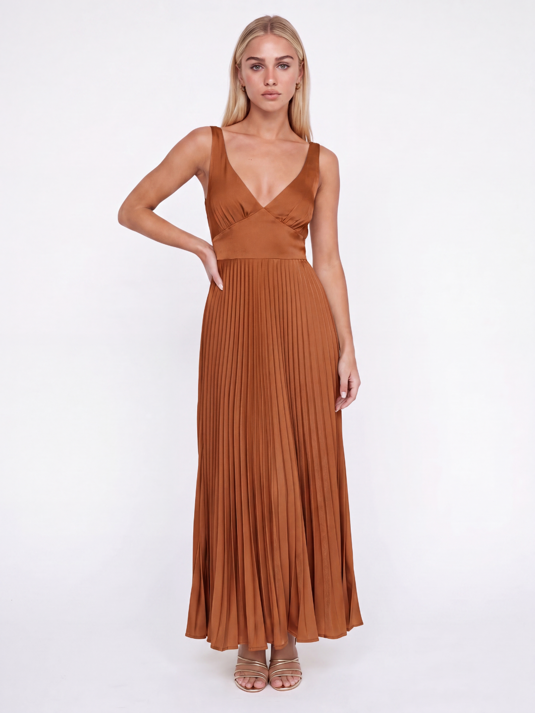 Isobel pleated satin-finish maxi dress in light purple — front view