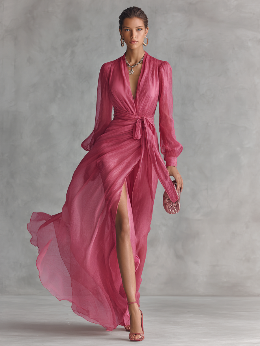 Colette plunge chiffon wrap maxi dress with tie waist — back view