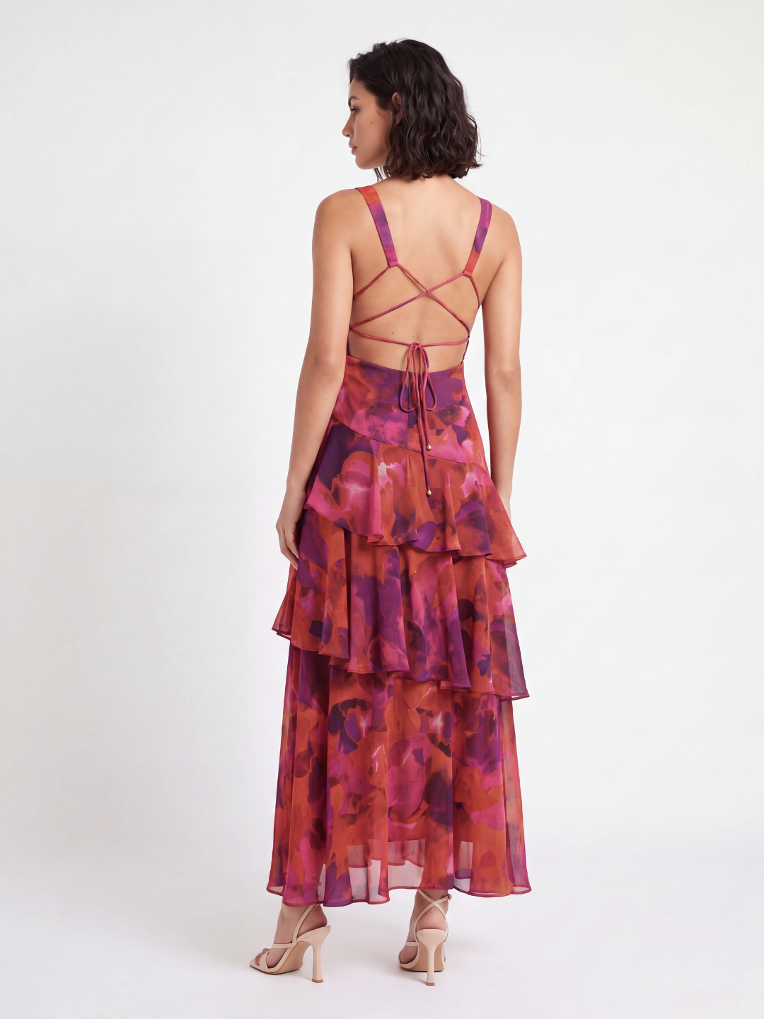 Halle tiered ruffle floral midi dress in burgundy — back view