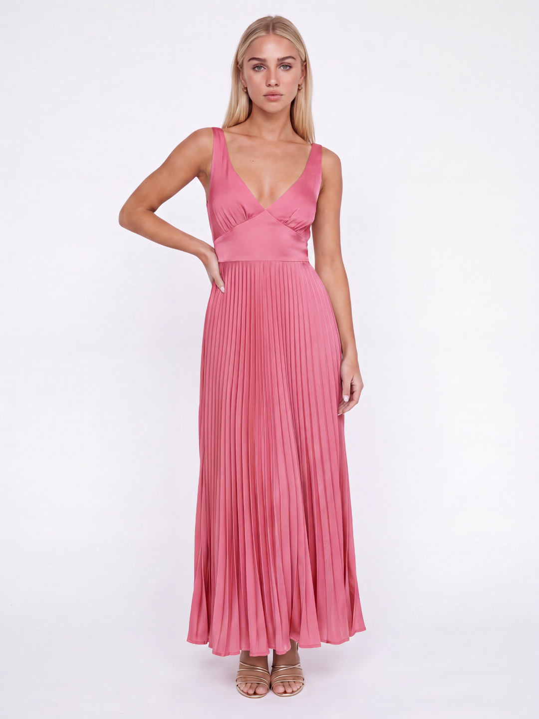 Isobel pleated satin-finish maxi dress in pink — front view