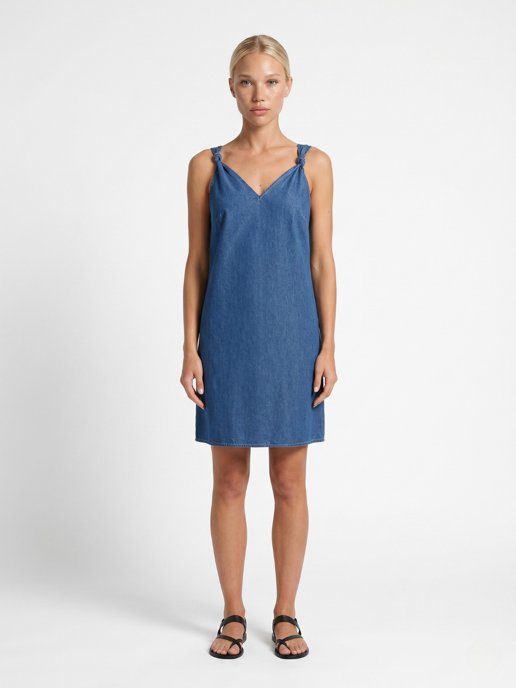 Opal V-neck denim-look mini dress in blue — front view