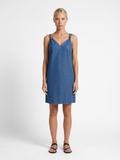 Opal V-neck denim-look mini dress in blue — front view