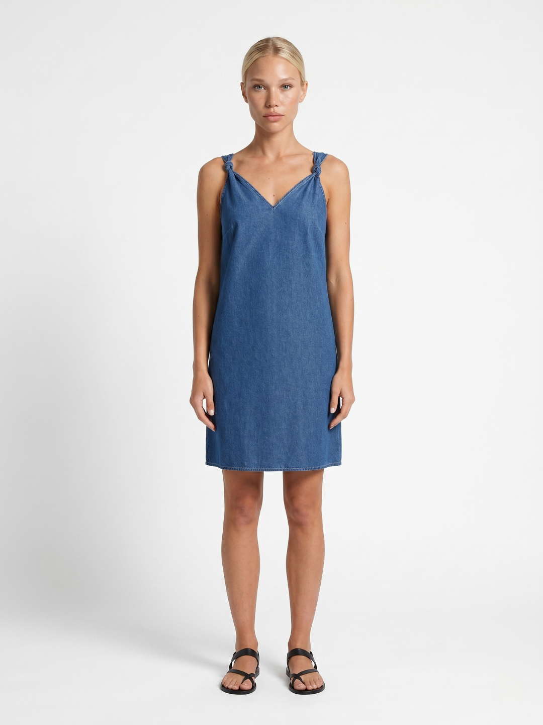Opal V-neck denim-look mini dress in blue — front view