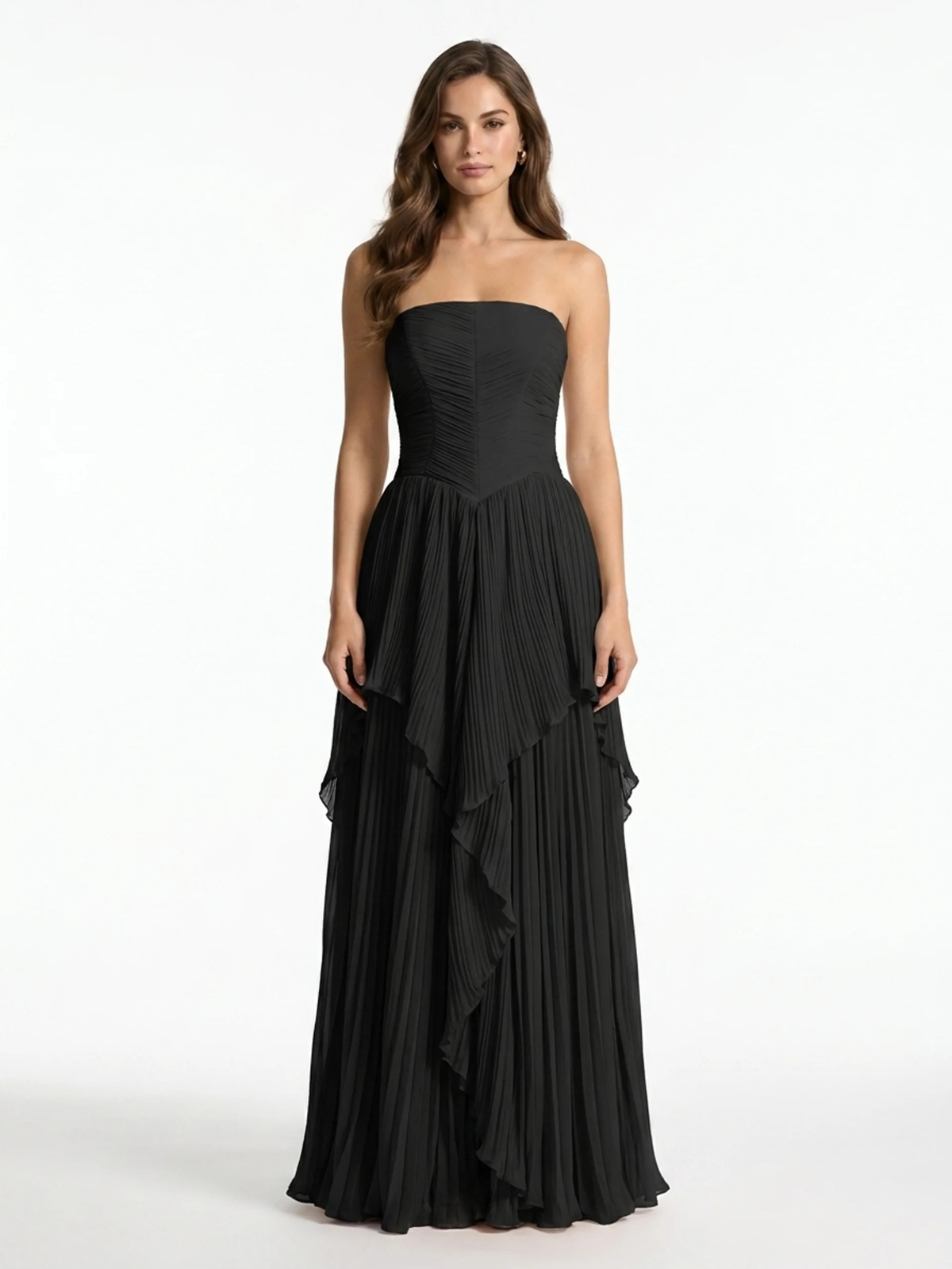 Belle pleated chiffon strapless maxi dress in black — front view