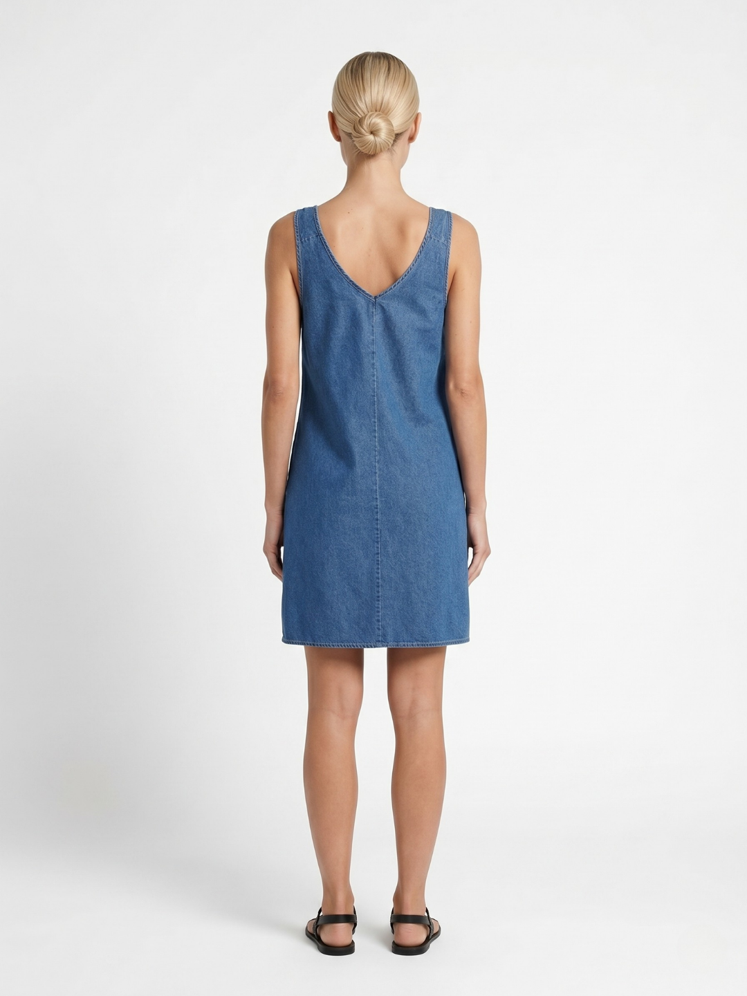 Opal V-neck denim-look mini dress in blue — back view