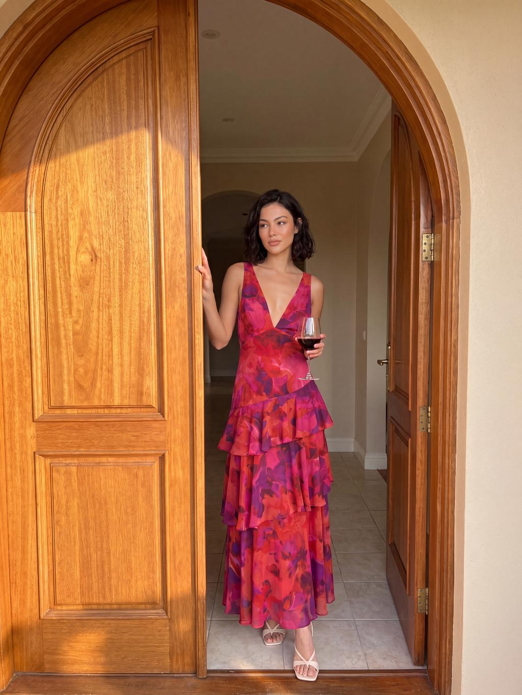 Halle tiered ruffle floral midi dress in burgundy — side view