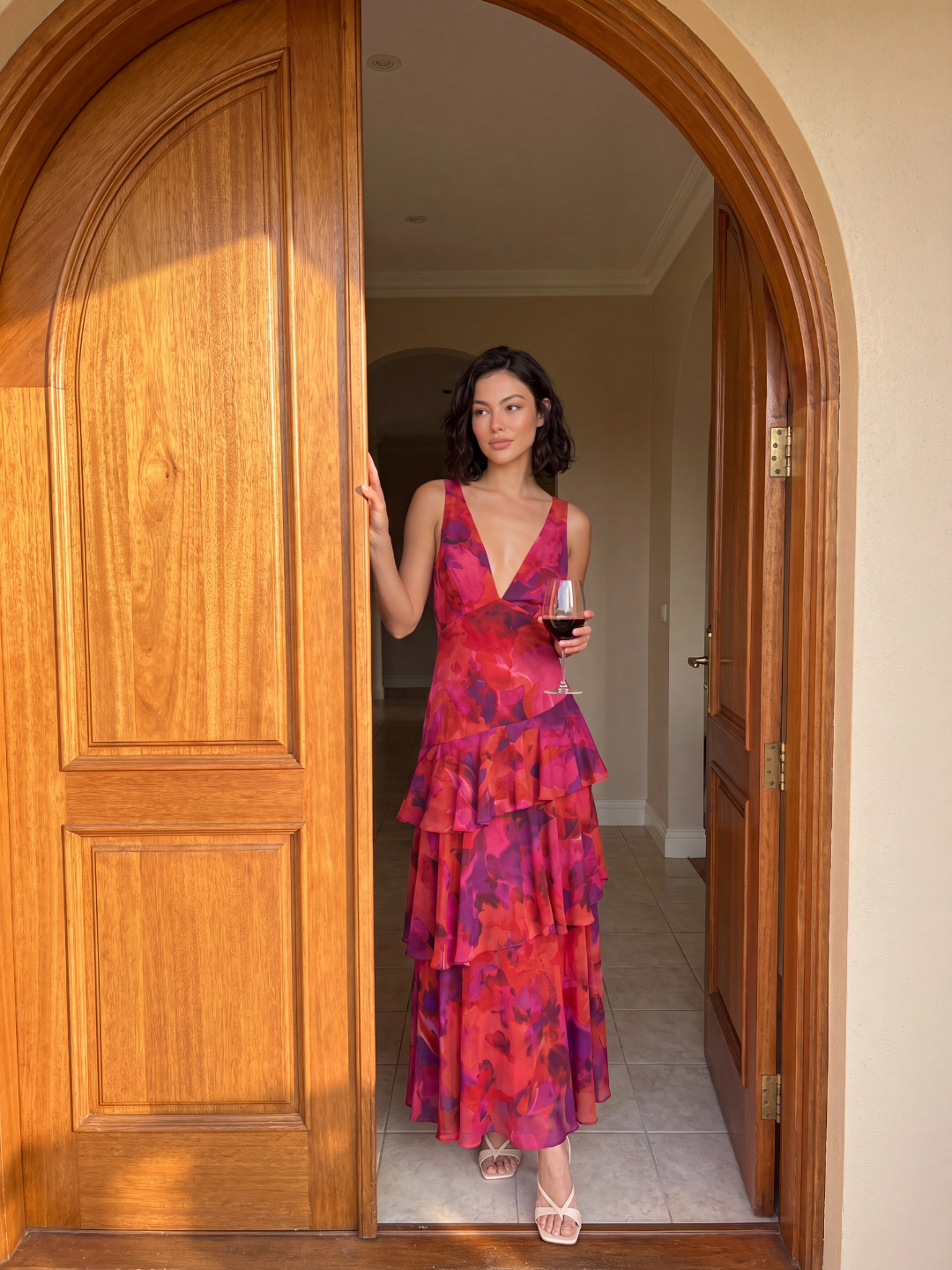 Halle tiered ruffle floral midi dress in burgundy — side view