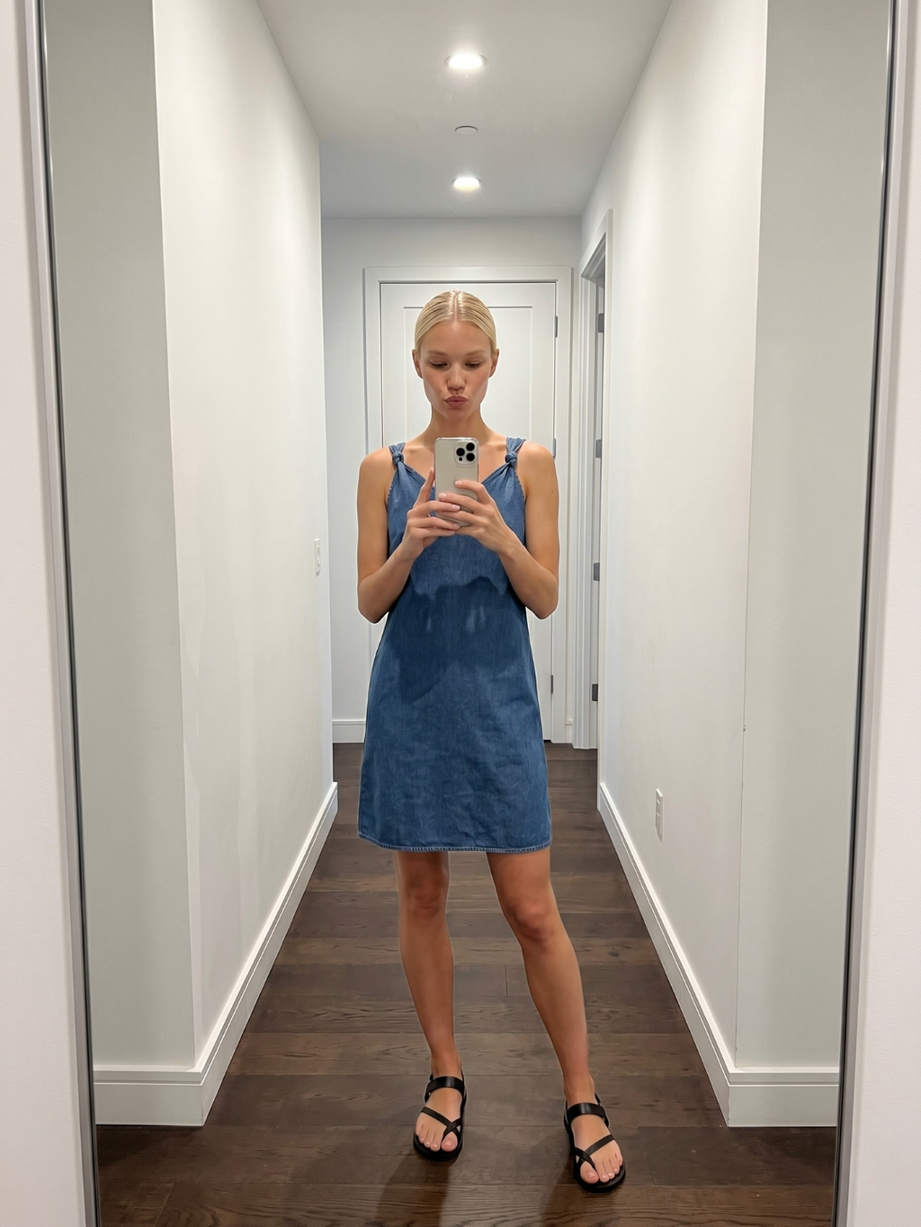 Opal V-neck denim-look mini dress in blue — side view