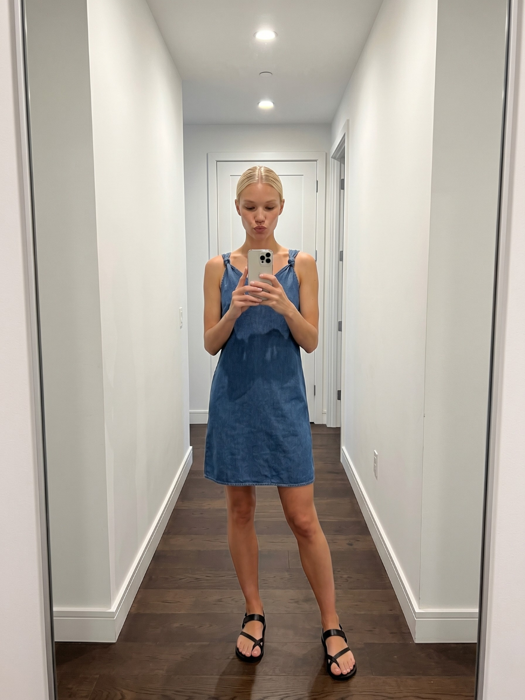 Opal V-neck denim-look mini dress in blue — side view