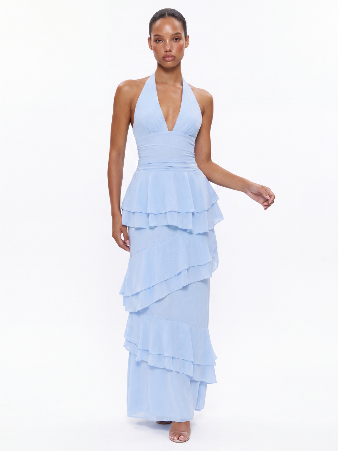 Rae halter tiered ruffle maxi dress in light blue — front view