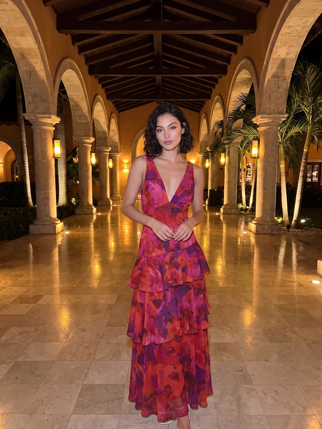 Halle tiered ruffle floral midi dress in burgundy — detail view