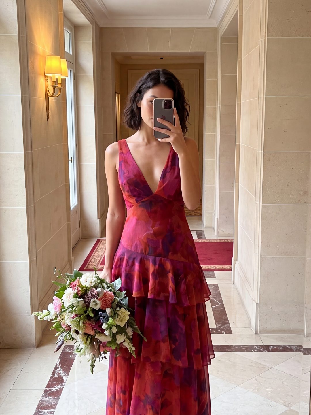 Halle tiered ruffle floral midi dress in burgundy — full-length view