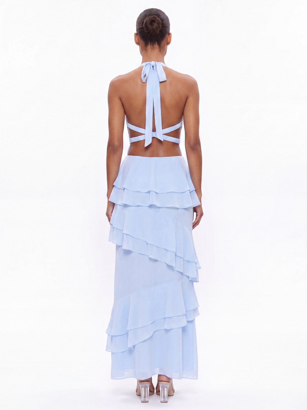 Rae halter tiered ruffle maxi dress in light blue — back view