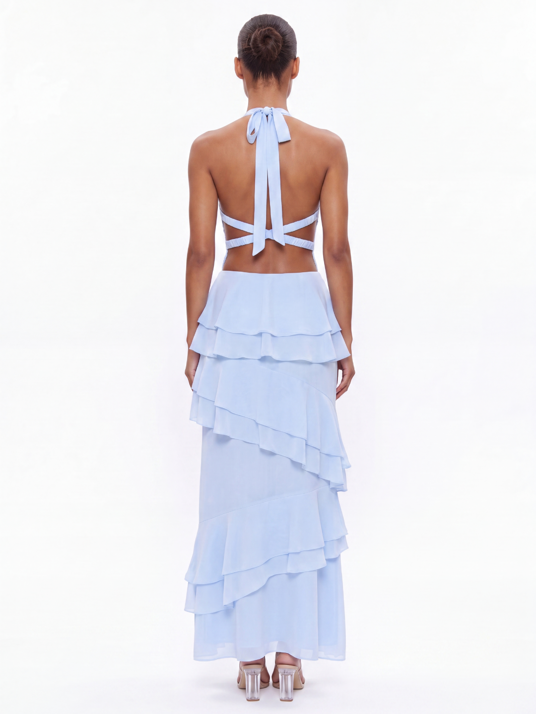Rae halter tiered ruffle maxi dress in light blue — back view