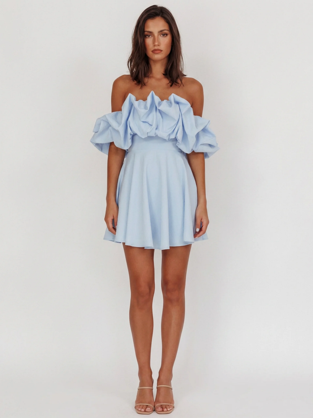 Calla off-shoulder ruffle mini dress in light blue — front view