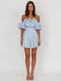 Calla off-shoulder ruffle mini dress in light blue — front view