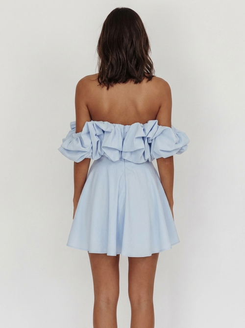 Calla off-shoulder ruffle mini dress in light blue — back view