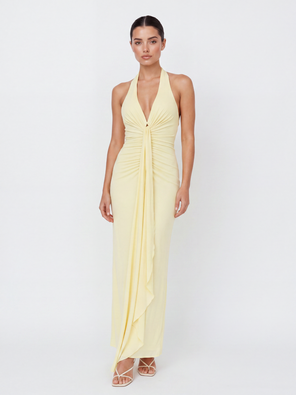 Lottie ruched halterneck maxi dress with cascading sash in yellow — front view