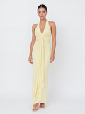 Lottie ruched halterneck maxi dress with cascading sash in yellow — front view