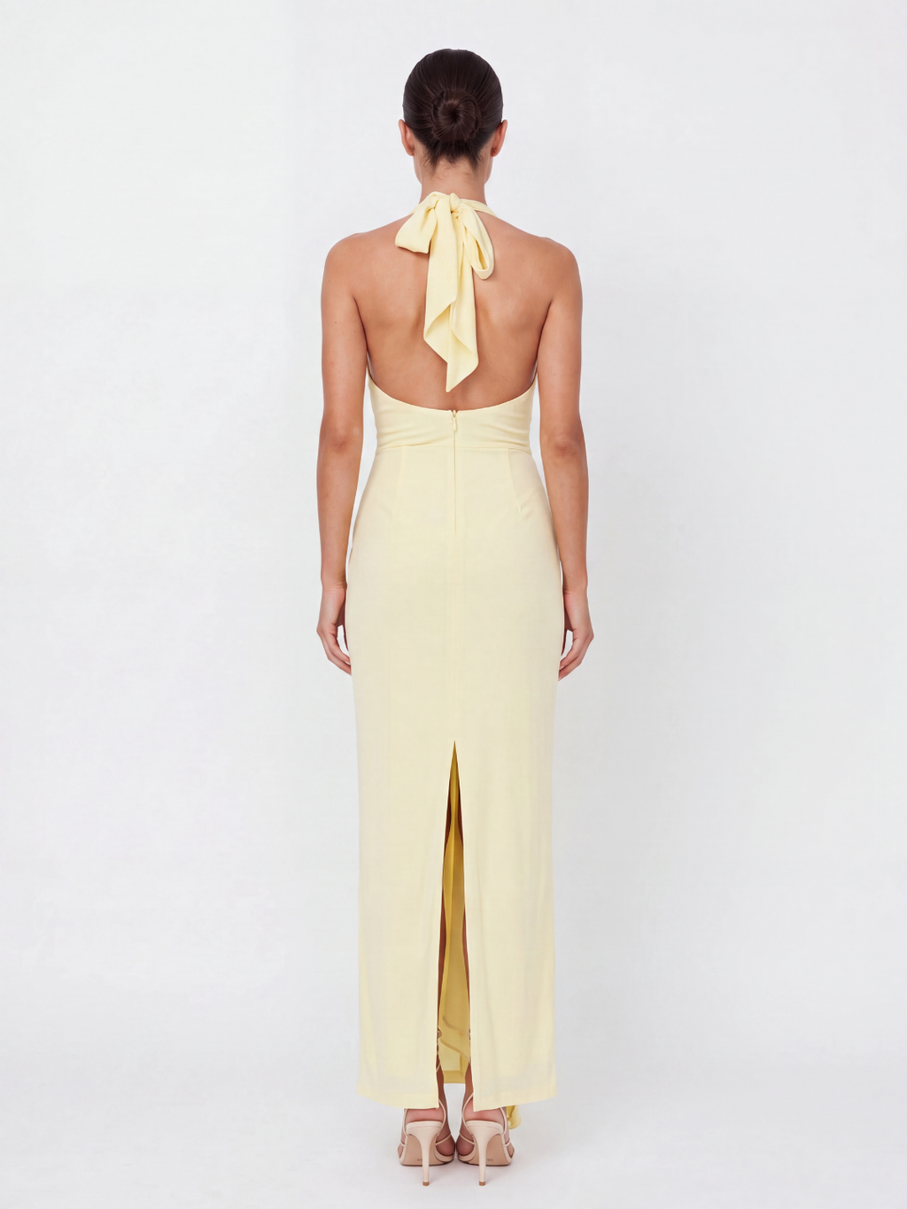 Lottie ruched halterneck maxi dress with cascading sash in yellow — back view