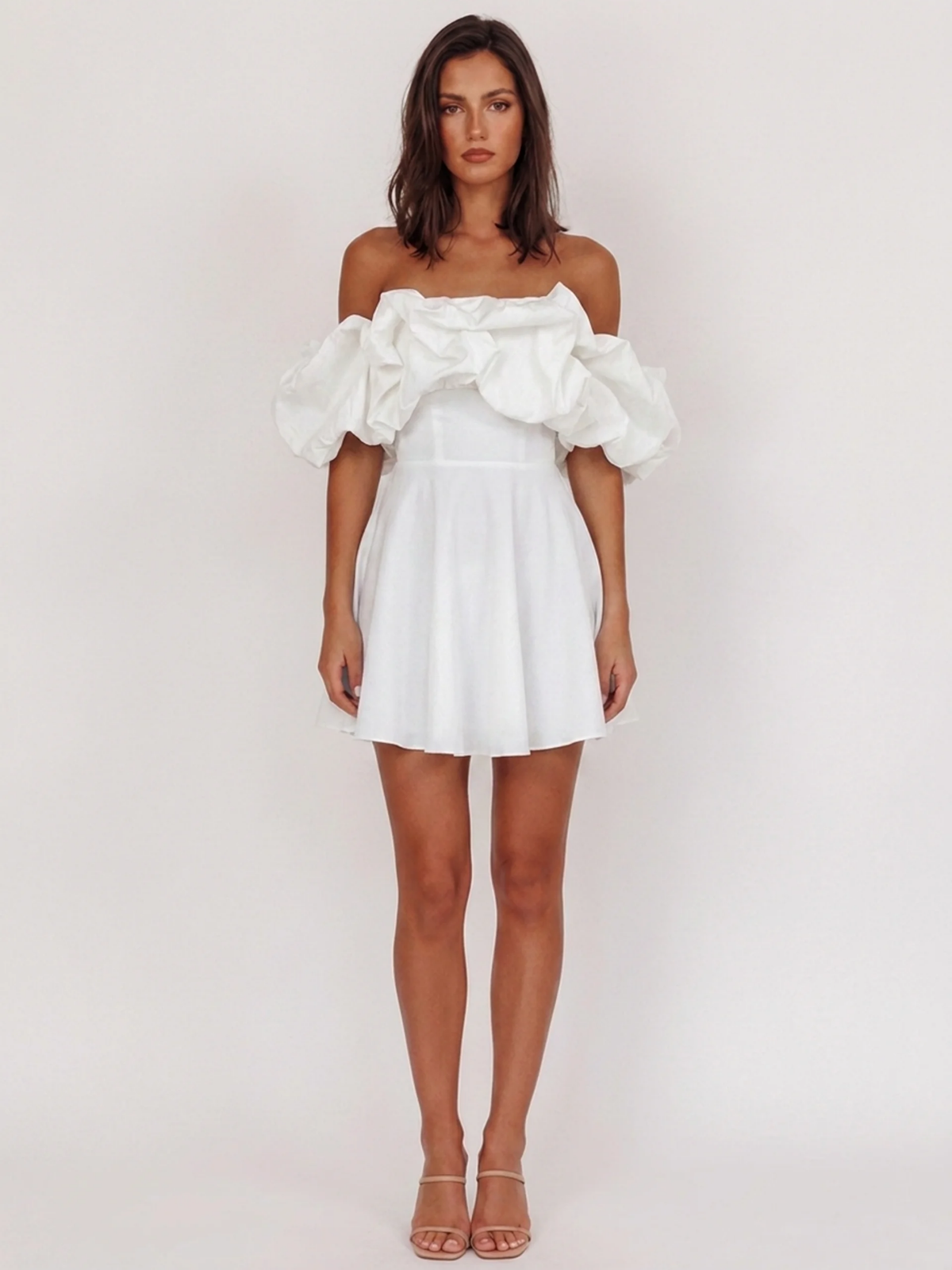 Calla off-shoulder ruffle mini dress in pink — front view