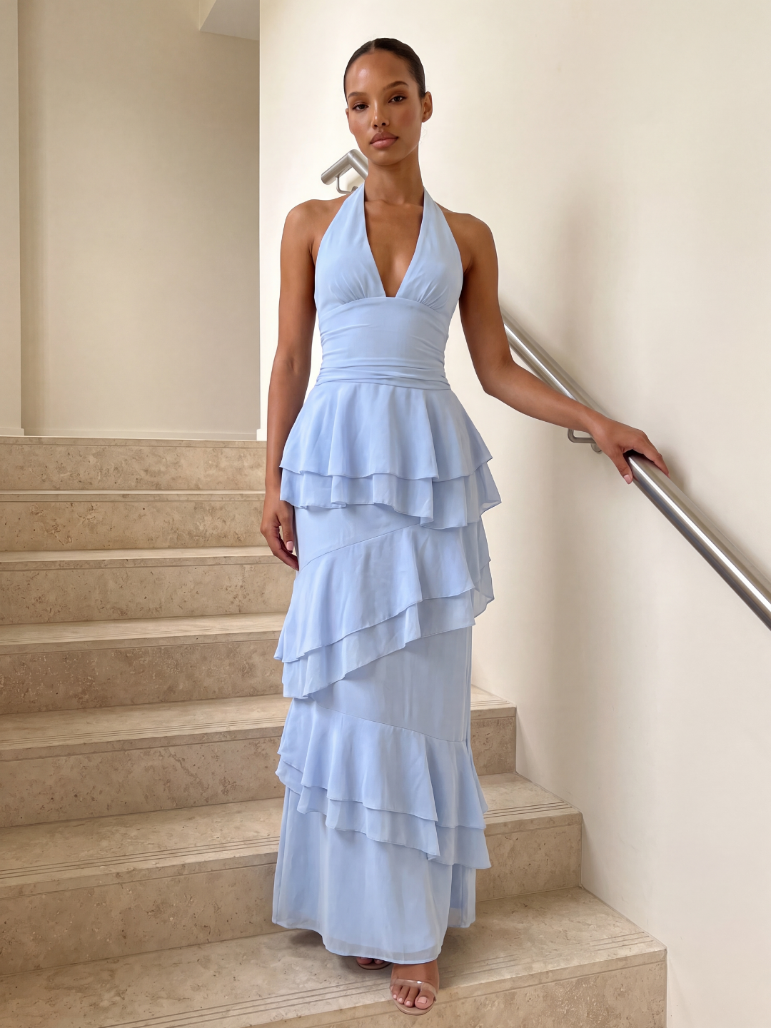 Rae halter tiered ruffle maxi dress in light green — front view