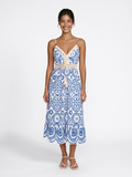 Jolie ornate print midi dress with tassel ties in Blue — front view