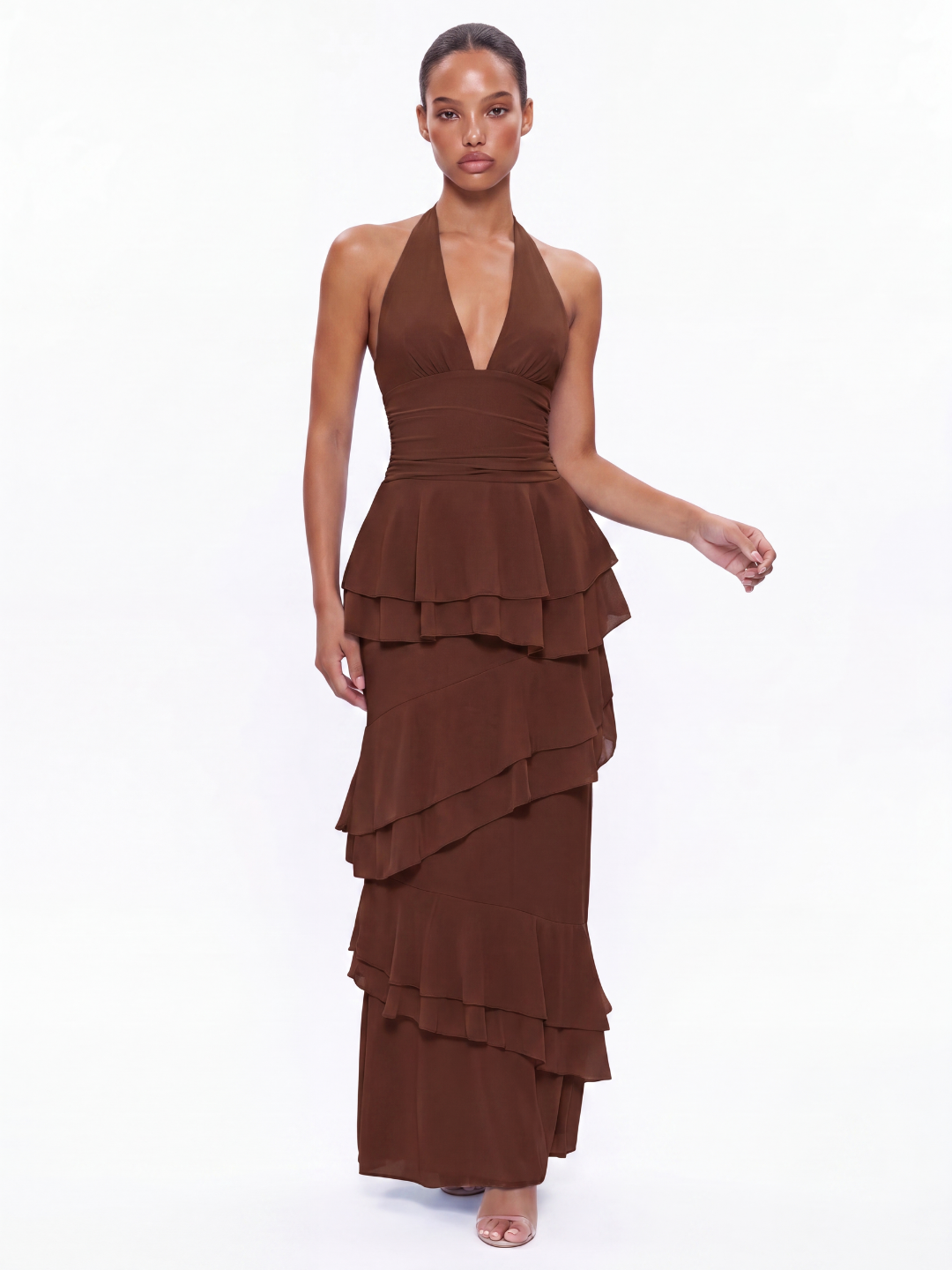 Rae halter tiered ruffle maxi dress in brown — back view