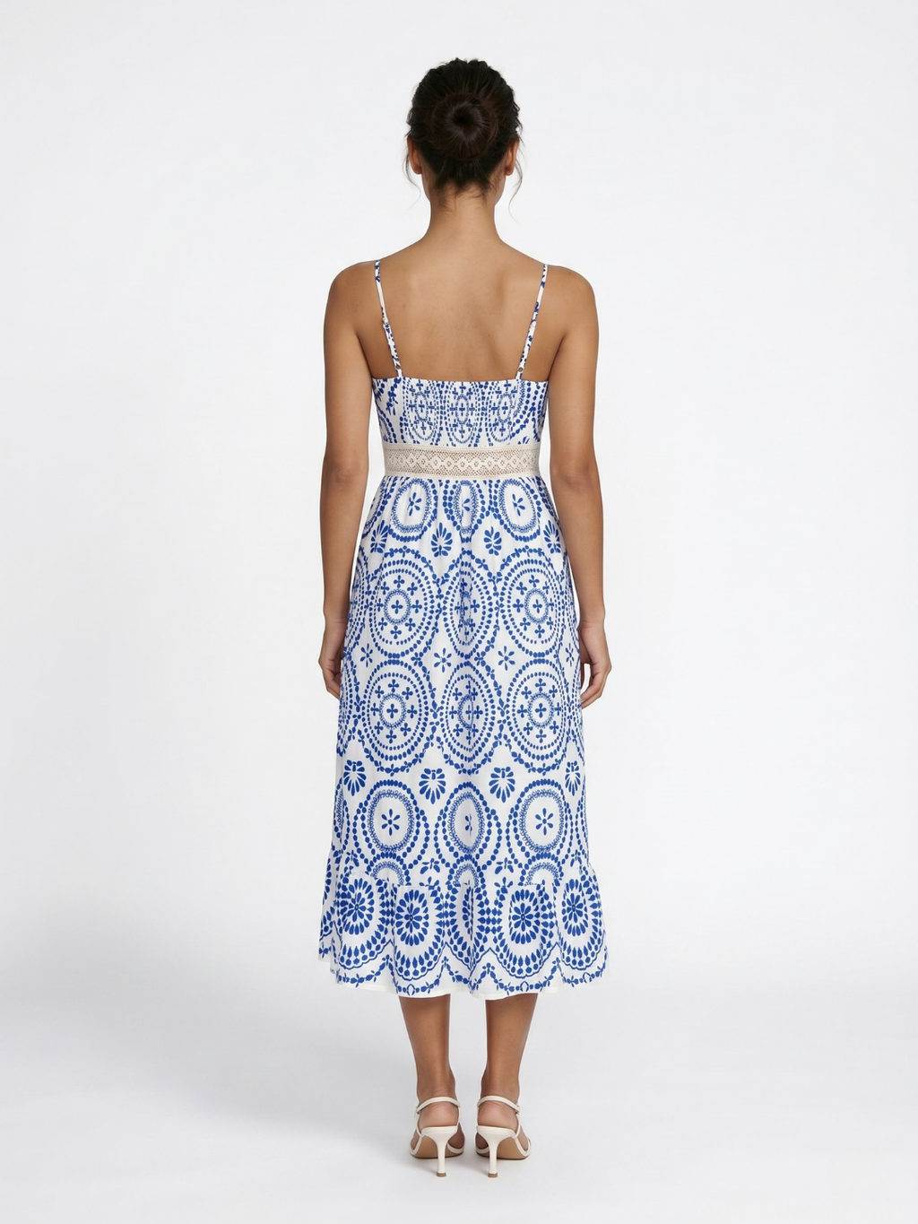 Jolie ornate print midi dress with tassel ties in Blue — back view