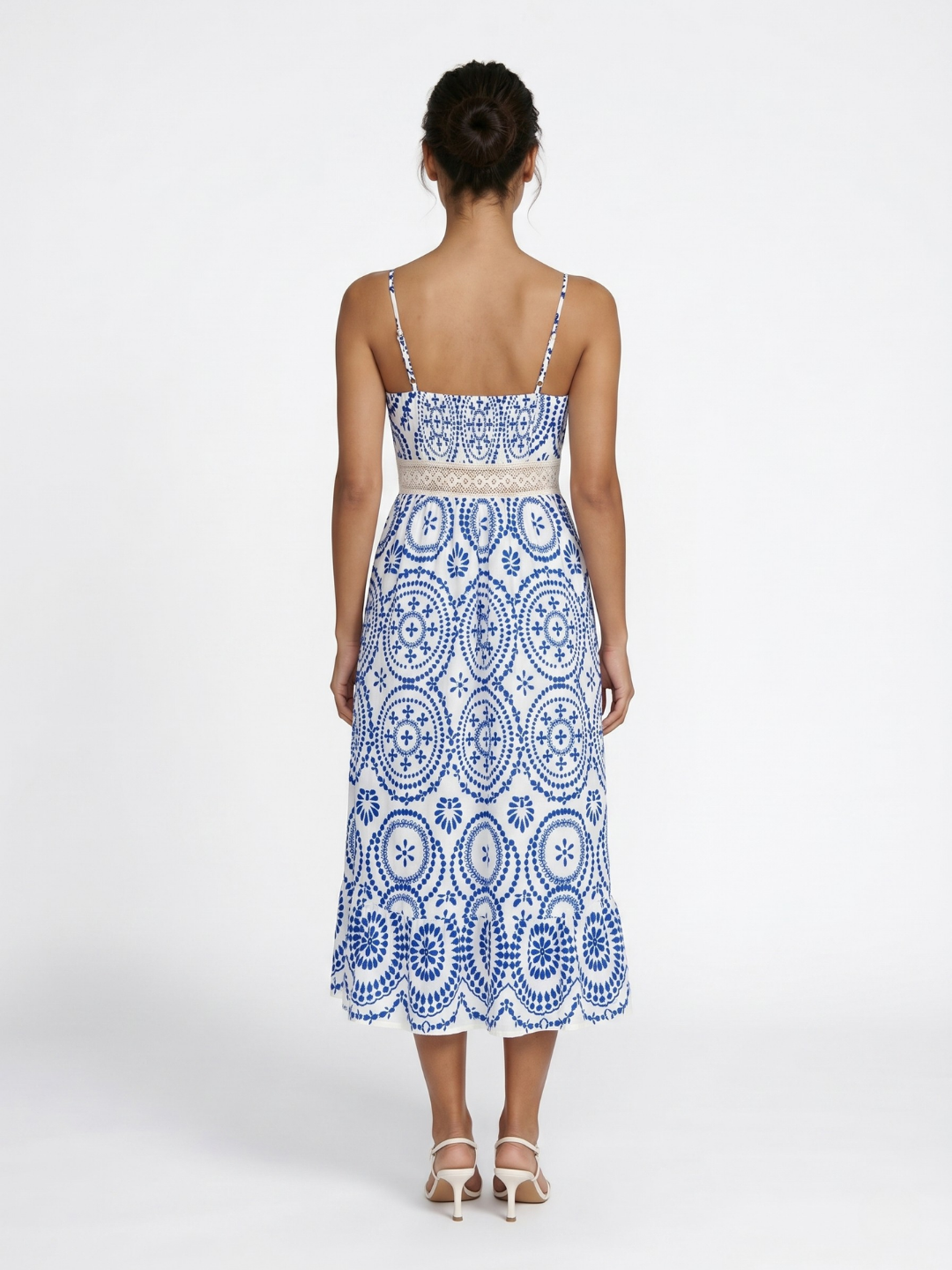 Jolie ornate print midi dress with tassel ties in Blue — back view