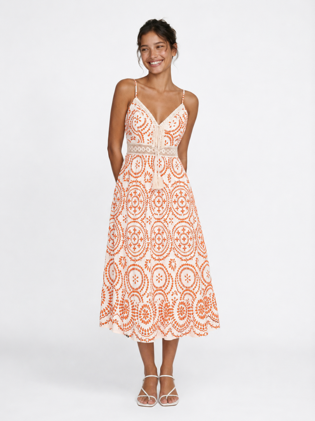 Jolie ornate print midi dress with tassel ties in Blue — back view