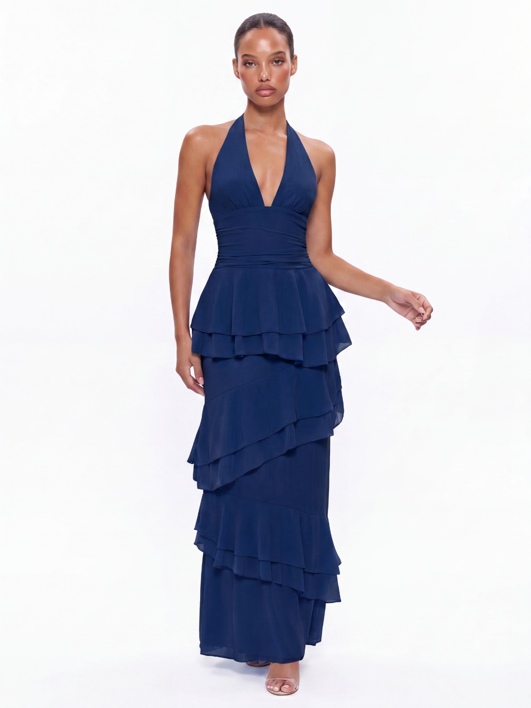 Rae halter tiered ruffle maxi dress in light green — back view