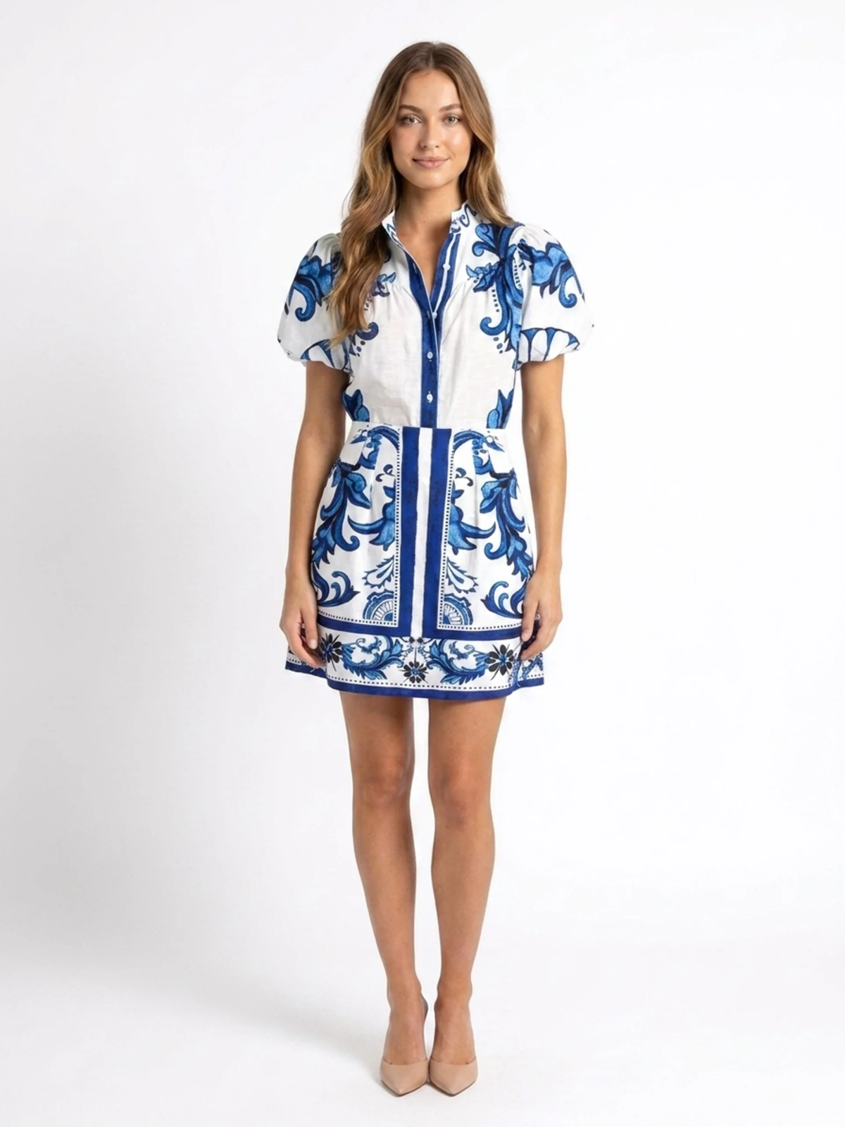 Effie floral print puff-sleeve two-piece mini set in light blue — front view