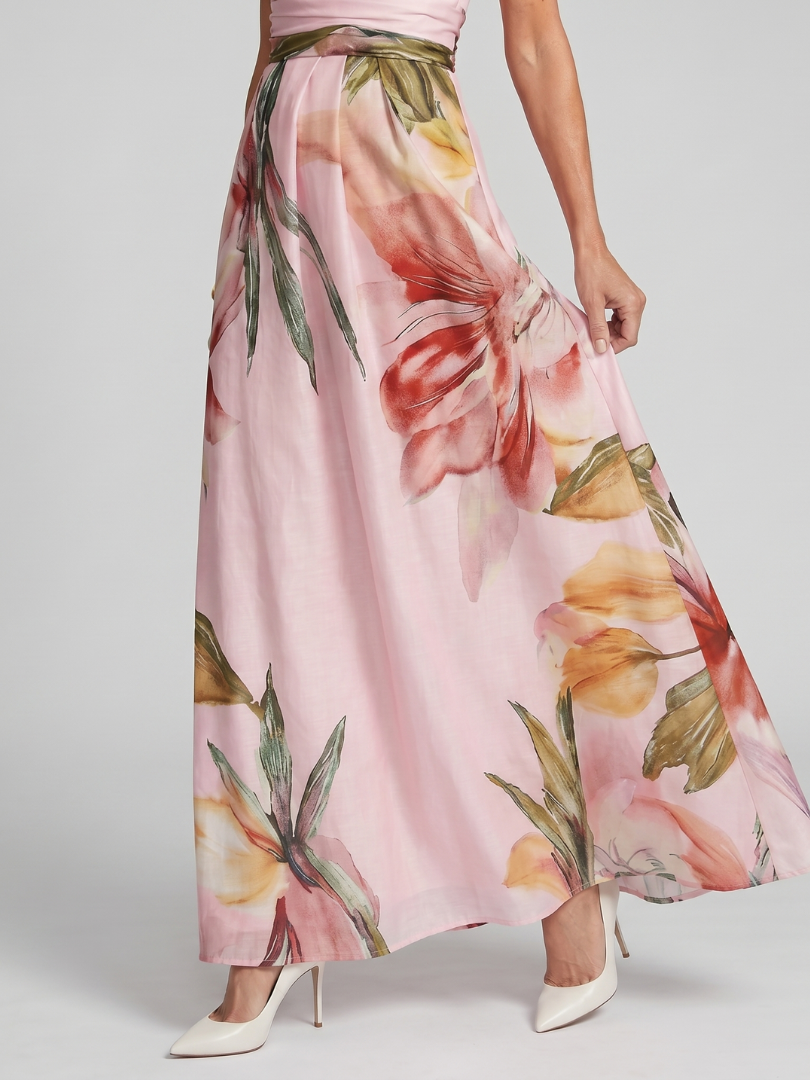 Hester watercolour floral halterneck maxi dress with sash — back view