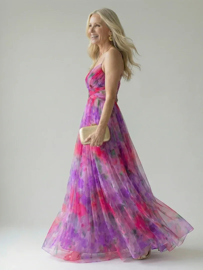 Isel watercolour floral ruched wrap maxi dress — side view
