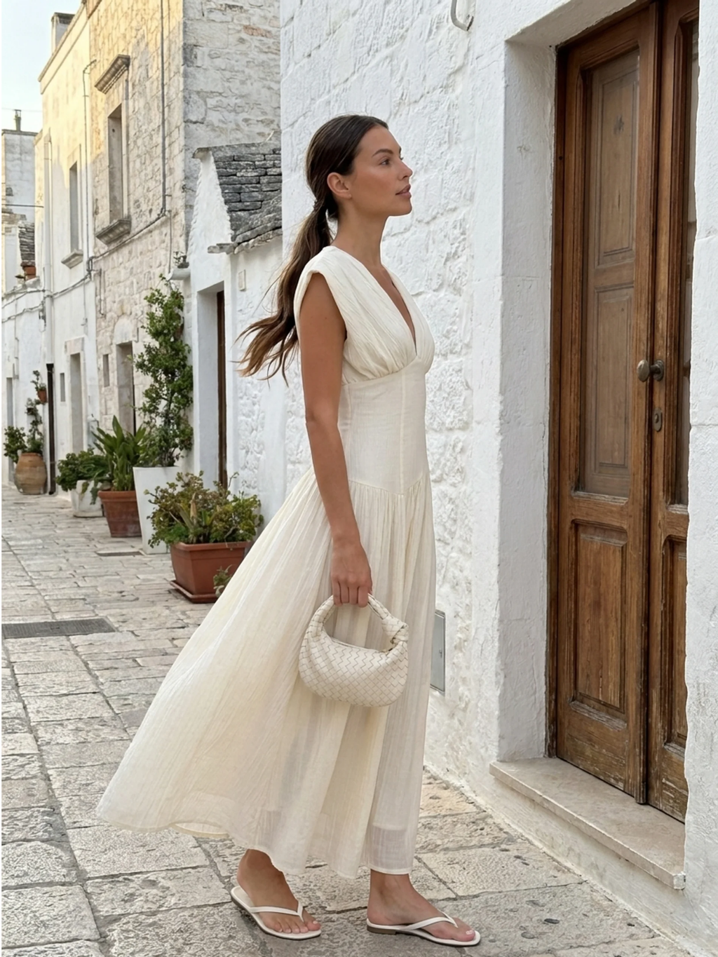 Hazel V-neck ruched maxi dress with asymmetric waist in white — side view