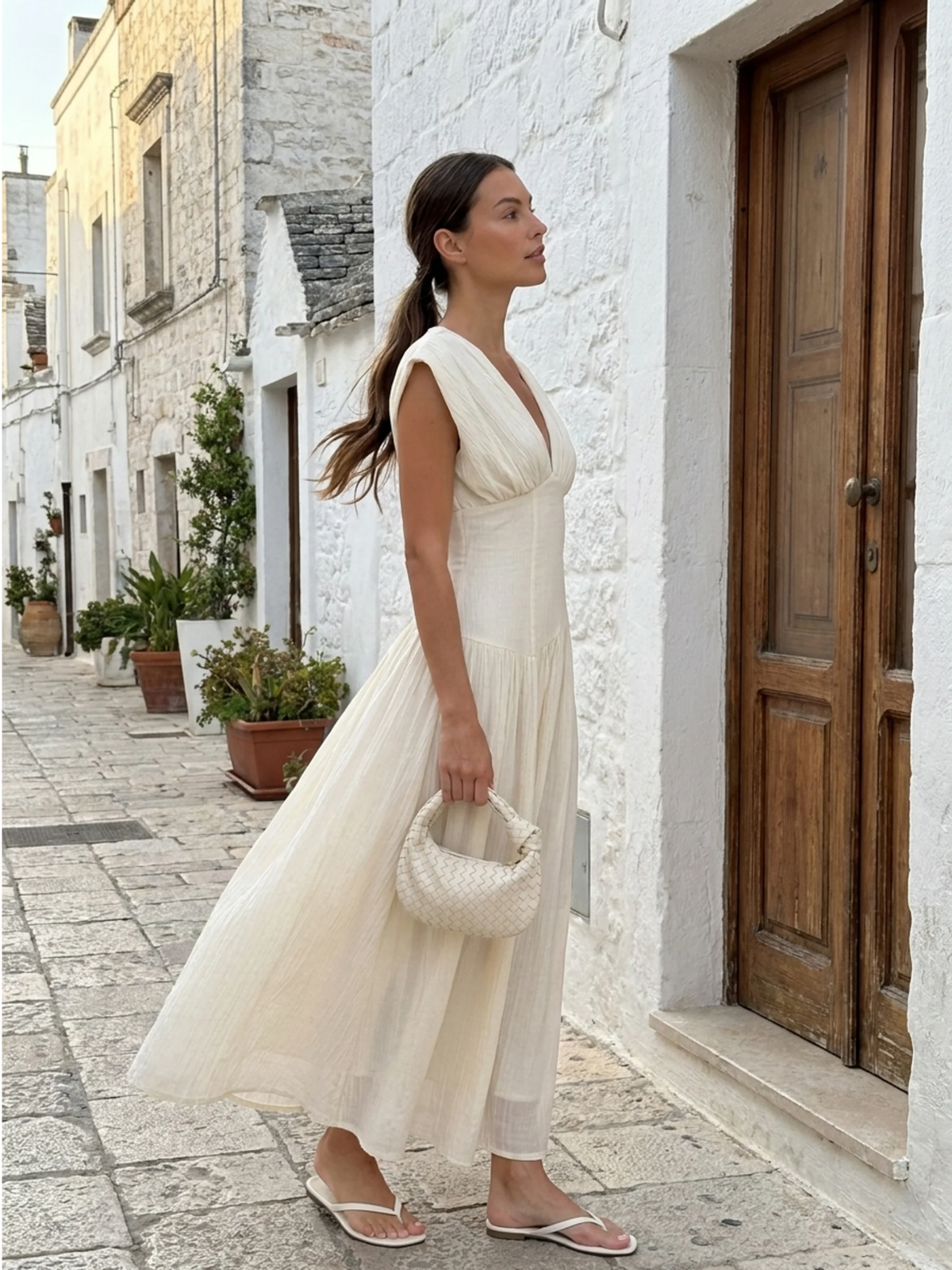 Hazel V-neck ruched maxi dress with asymmetric waist in white — side view