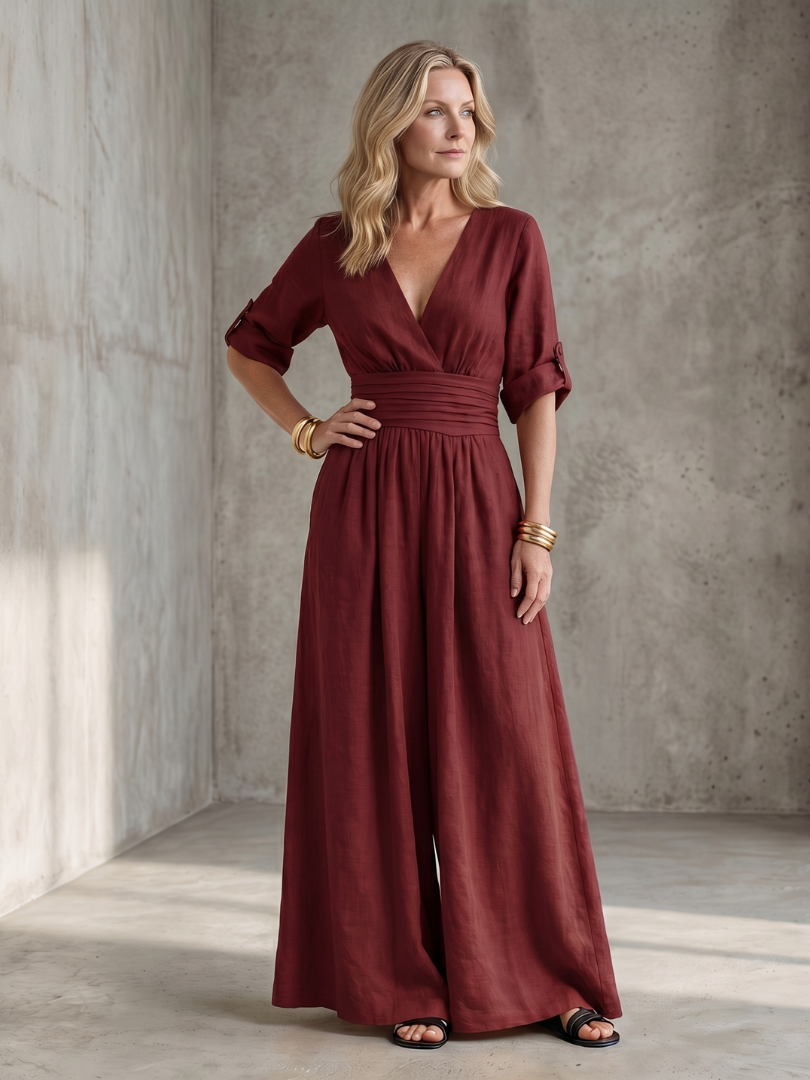 Wanda crossover wide-leg palazzo jumpsuit — back view