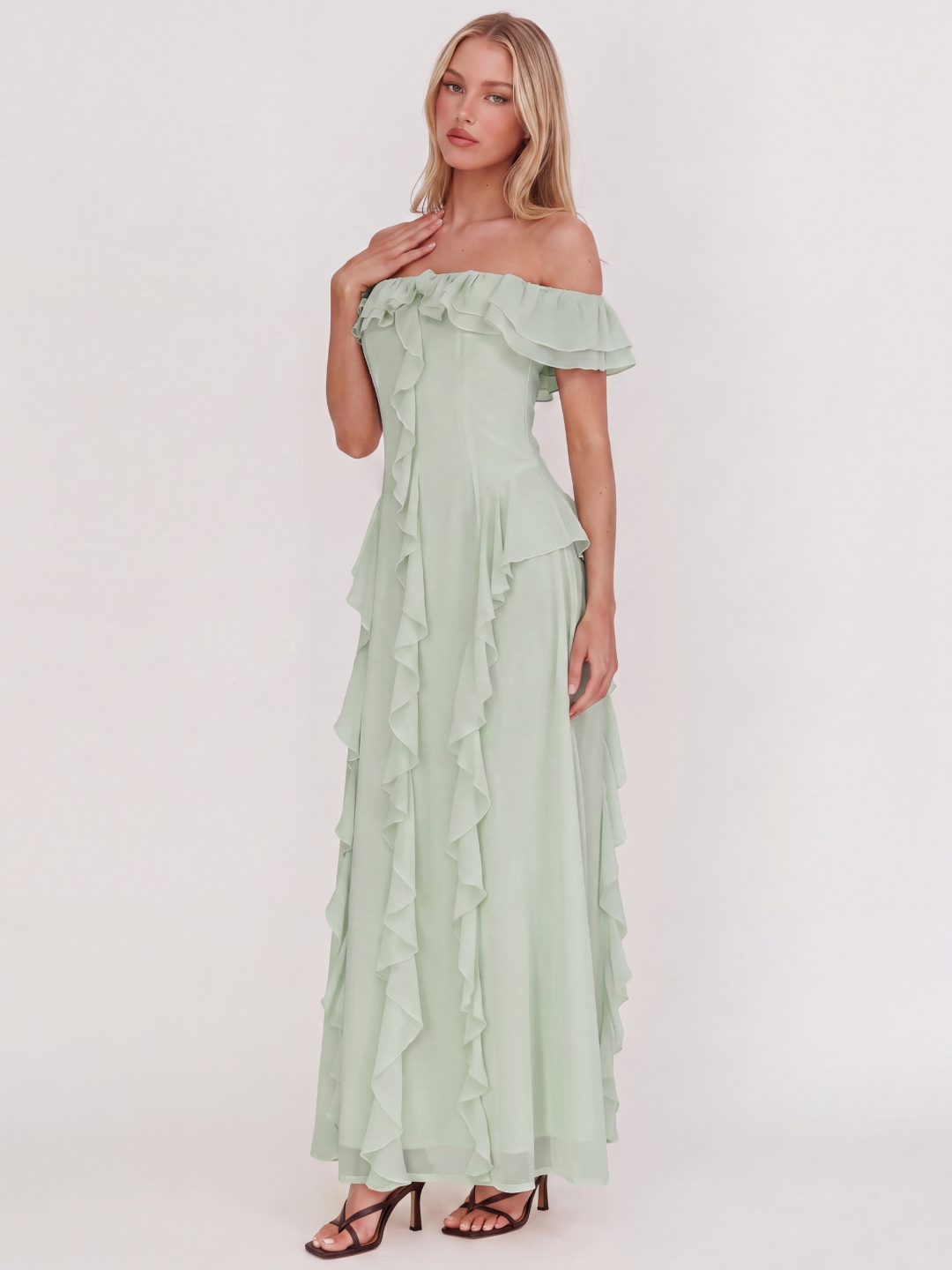 Orla off-shoulder ruffle-trim maxi dress in light green — side view