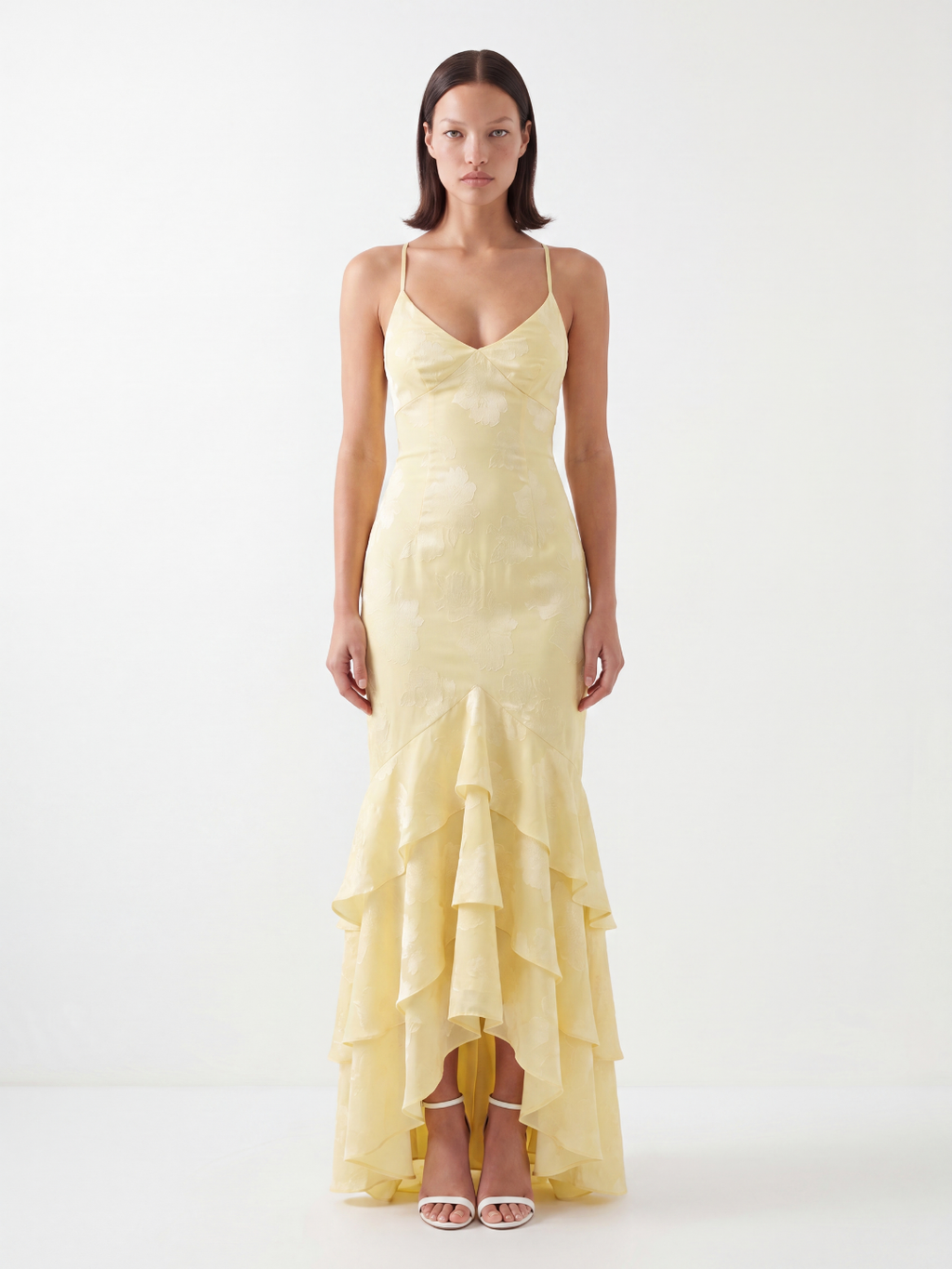 Aria burnout mermaid maxi dress with tiered ruffles in yellow — front view