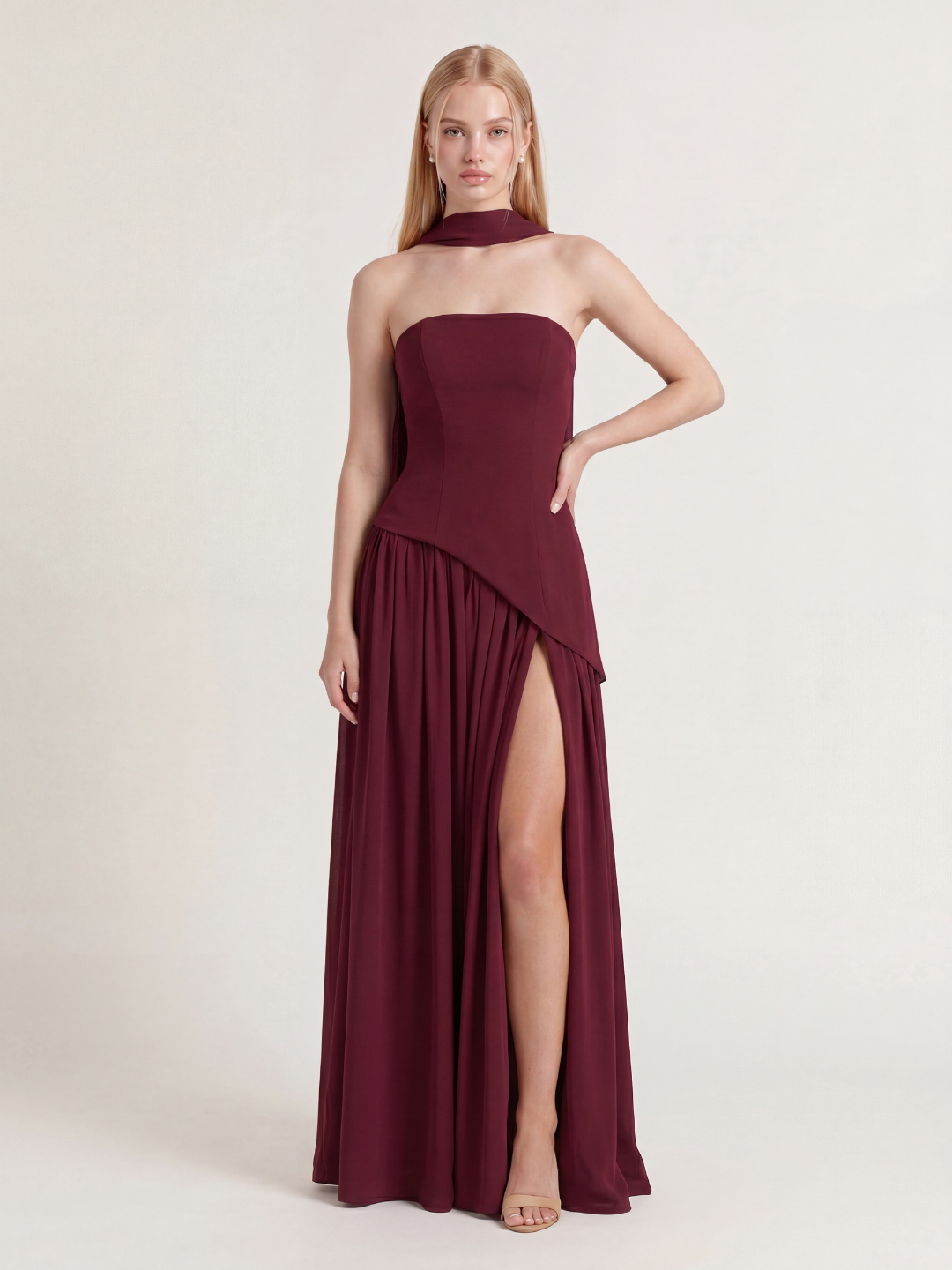 Sasha strapless asymmetric contrast maxi dress in black — front view