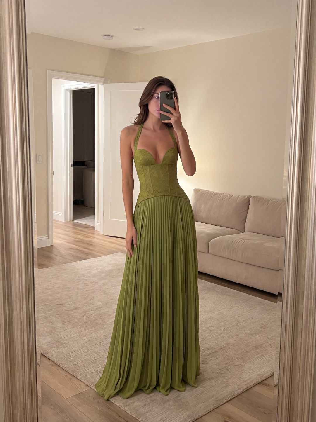 Vada lace corset halterneck pleated maxi dress in green — detail view