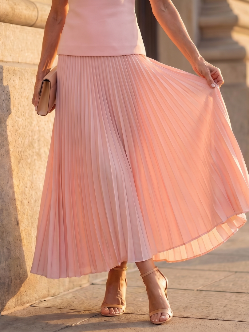 Rhodes boat-neck shell top and pleated maxi skirt two-piece set — back view