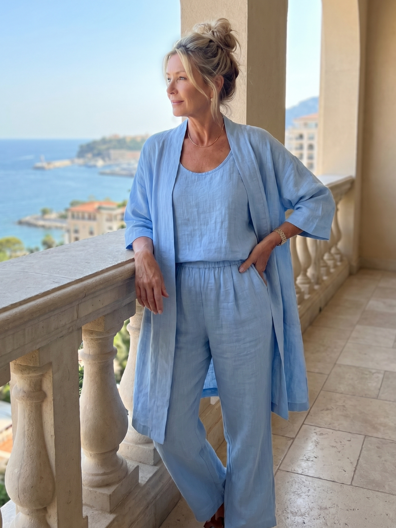 Yael duster, shell top and wide-leg trouser three-piece set — full-length view