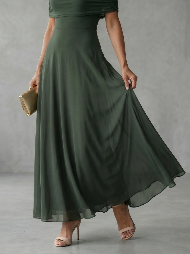 June off-shoulder draped-band maxi dress — back view