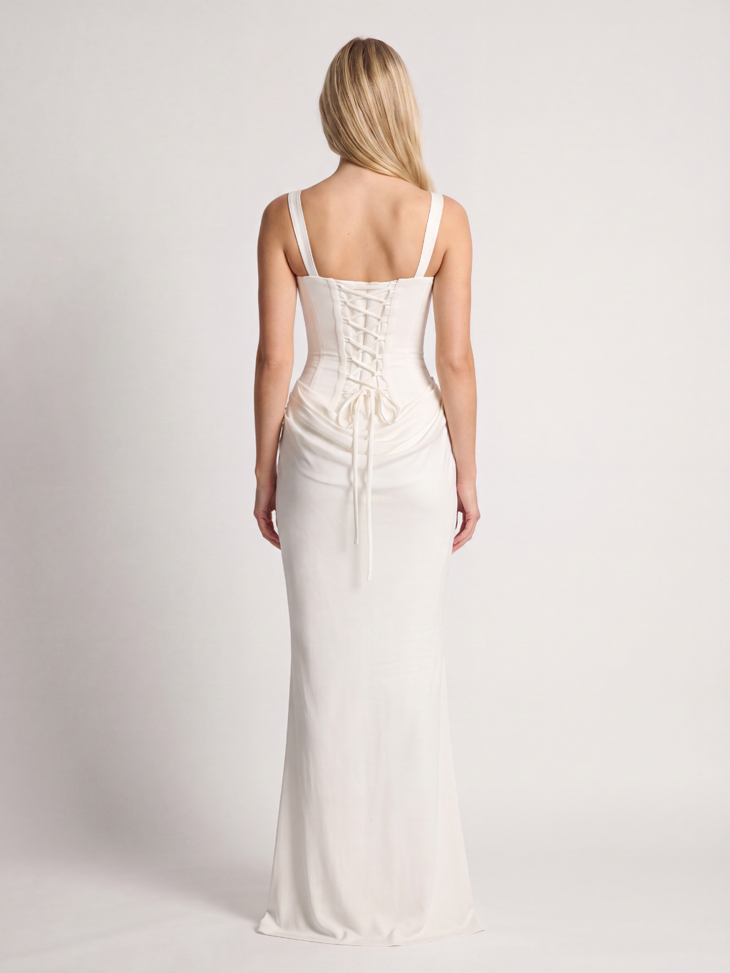 Cleo square-neck corset draped maxi dress — back view
