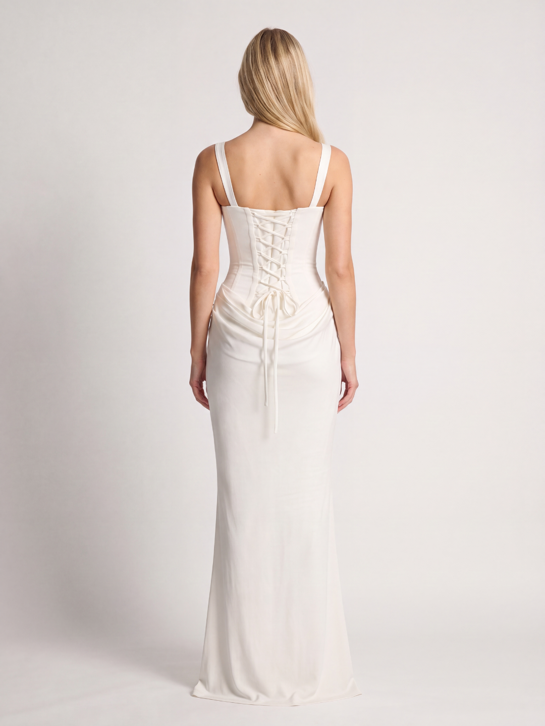 Cleo square-neck corset draped maxi dress — back view